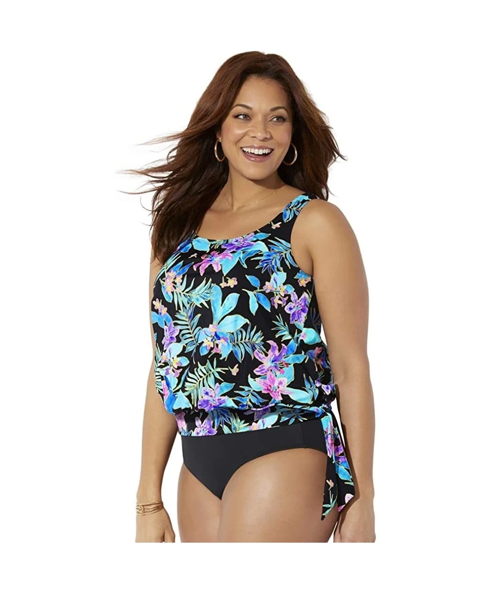 Tankinis Women's Plus Size Side Tie Blouson Tankini Top - Neon Tropical - CQ1969X8AS0