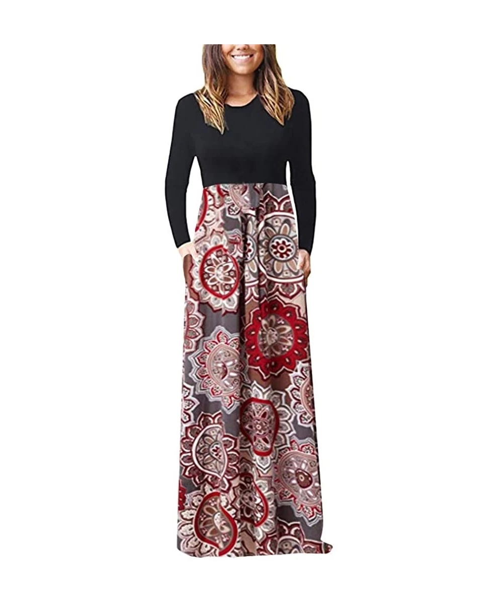 Bottoms Women's Print Maxi Tank Long Dress Casual Sleeve Dress - B-red - CT18X7HKME2