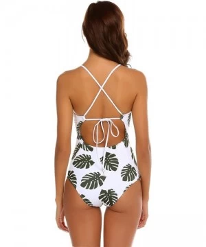 One-Pieces One Piece Swimsuit High Waist Swimwear Women Monokini Sexy Cross Lace Up Low Back Bathing Suits White&army Leaves ...