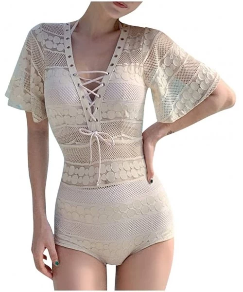 One-Pieces Women's One Piece Lace-Up Half Bell Sleeve Slimming Tummy Control Bathing Suit Cover Up Swimwear Crochet - White -...