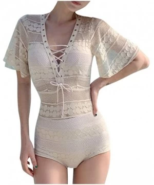 One-Pieces Women's One Piece Lace-Up Half Bell Sleeve Slimming Tummy Control Bathing Suit Cover Up Swimwear Crochet - White -...