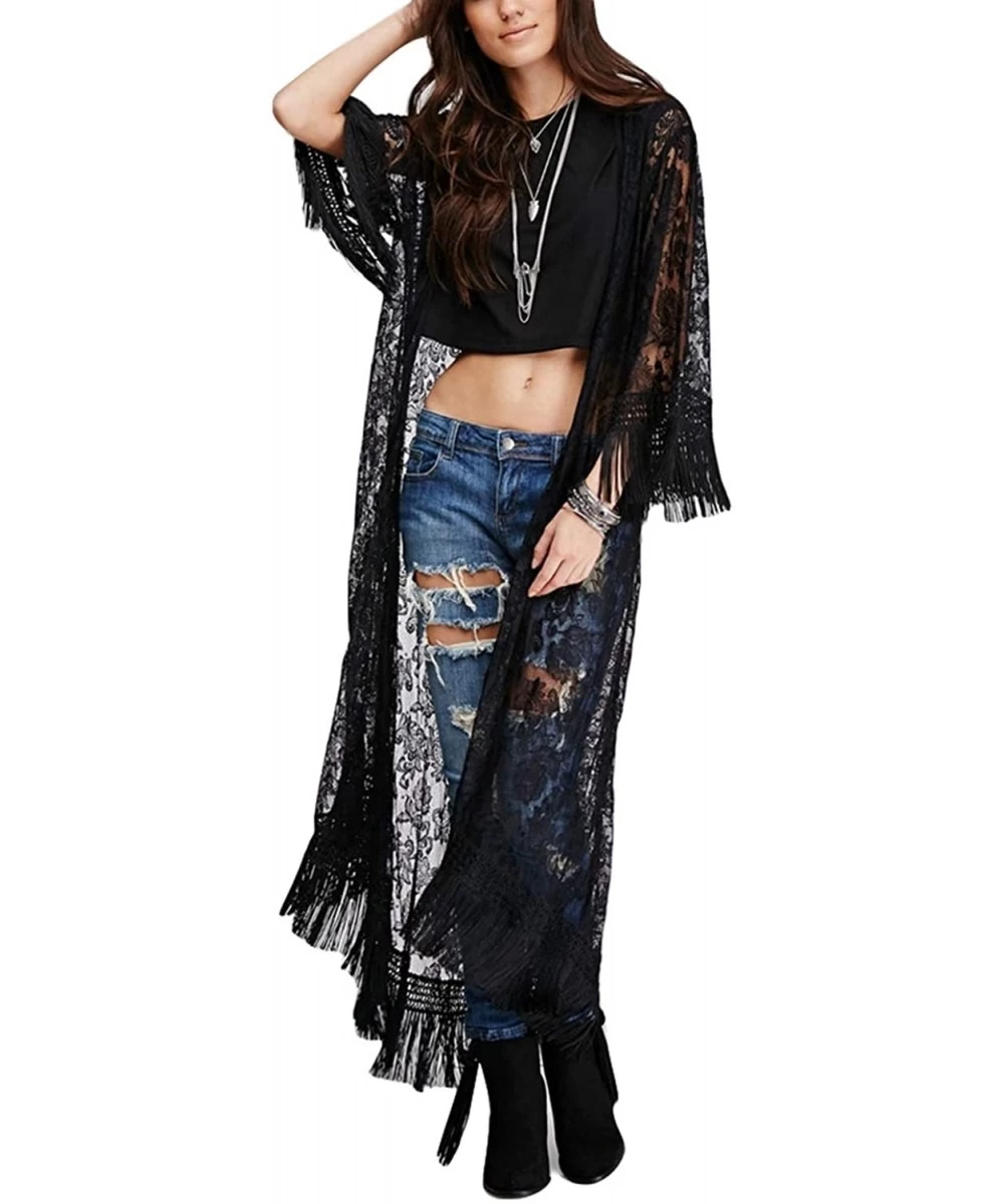 Cover-Ups Womens Beach Wear Sheer lace Kimono Cover up with Tassels Floral Lace Bikini Cover ups Long Sleeve Maxi Beach Dress...