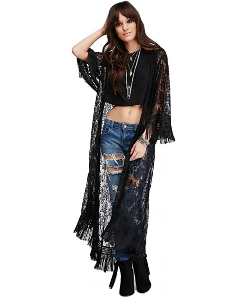 Cover-Ups Womens Beach Wear Sheer lace Kimono Cover up with Tassels Floral Lace Bikini Cover ups Long Sleeve Maxi Beach Dress...