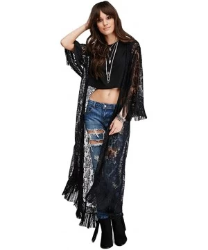 Cover-Ups Womens Beach Wear Sheer lace Kimono Cover up with Tassels Floral Lace Bikini Cover ups Long Sleeve Maxi Beach Dress...