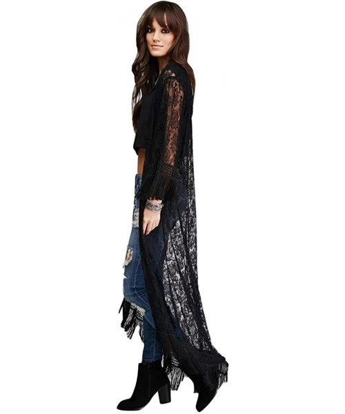 Cover-Ups Womens Beach Wear Sheer lace Kimono Cover up with Tassels Floral Lace Bikini Cover ups Long Sleeve Maxi Beach Dress...