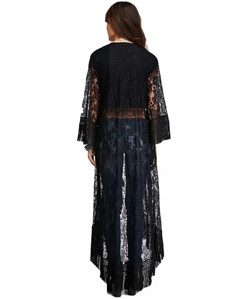 Cover-Ups Womens Beach Wear Sheer lace Kimono Cover up with Tassels Floral Lace Bikini Cover ups Long Sleeve Maxi Beach Dress...