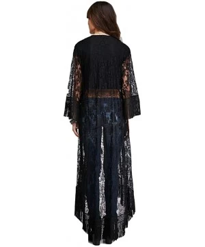 Cover-Ups Womens Beach Wear Sheer lace Kimono Cover up with Tassels Floral Lace Bikini Cover ups Long Sleeve Maxi Beach Dress...