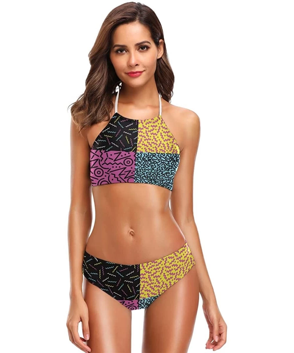 Sets Women's Summer Beach Rainbow Leopard Prints Printed 2 Piece Halter Neack High Waist Padded Sexy Swimsuit - Retro Vintage...