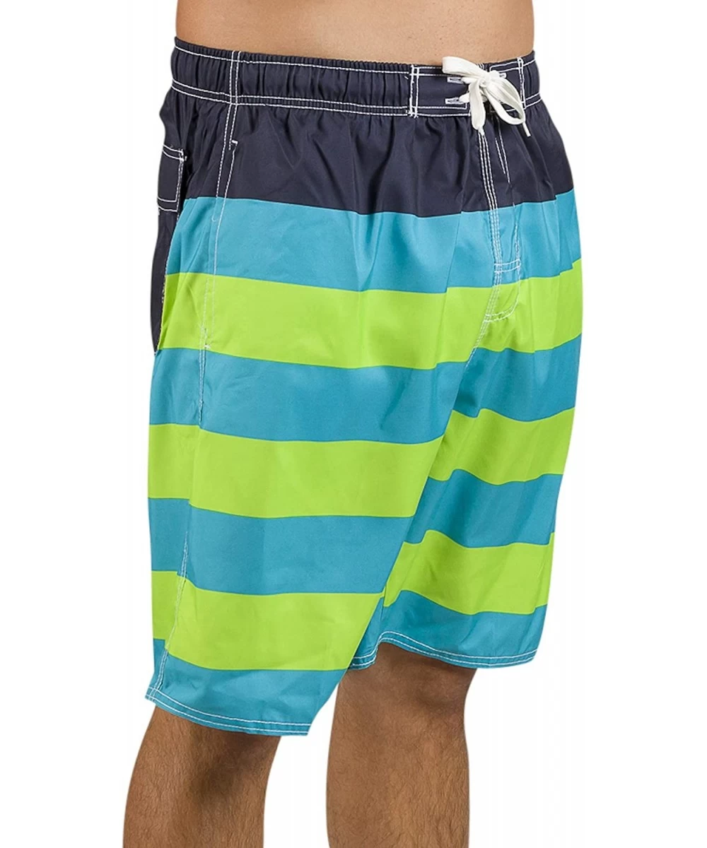 Board Shorts Men's Swim Board Shorts and Swimsuits - Rugby Stripe Blue & Lime - CO1907YEIYR