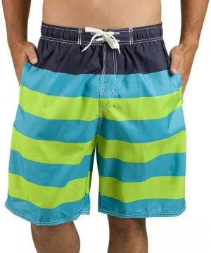 Board Shorts Men's Swim Board Shorts and Swimsuits - Rugby Stripe Blue & Lime - CO1907YEIYR