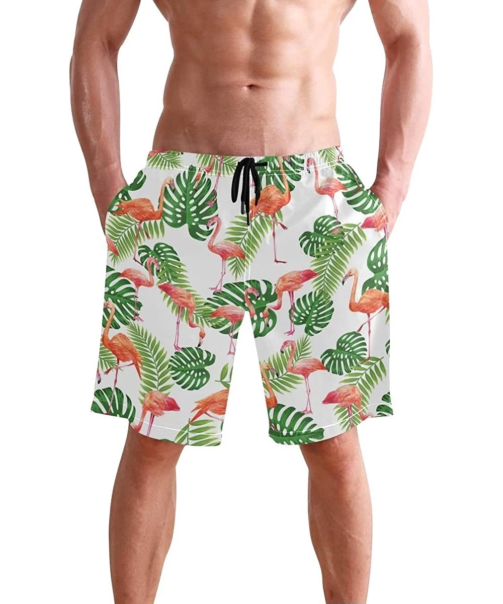 Board Shorts Men's Swim Trunks Vintage Peacock Art Quick Dry Beach Board Shorts with Pockets - Flamingo - C418QNS8XT5