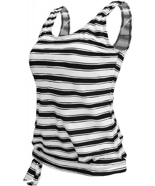 Tankinis Women's Floral Stripe Blouson Tankini Top Swimsuit(FBA) - Black Stripe2 - CA19D0XOTA7