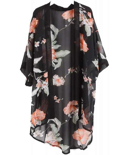 Cover-Ups Women Swimsuit Bathing Suit Beach Cover up Chiffon Floral Kimono Cardigan - D (02) - Black With Orange Flower - C11...