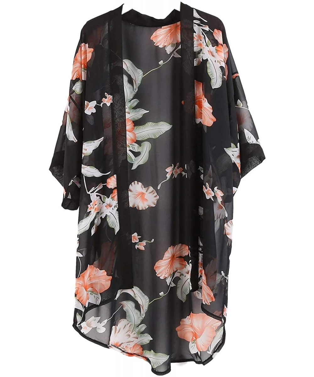 Cover-Ups Women Swimsuit Bathing Suit Beach Cover up Chiffon Floral Kimono Cardigan - D (02) - Black With Orange Flower - C11...