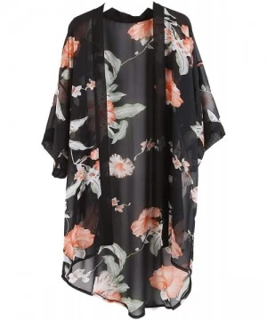 Cover-Ups Women Swimsuit Bathing Suit Beach Cover up Chiffon Floral Kimono Cardigan - D (02) - Black With Orange Flower - C11...