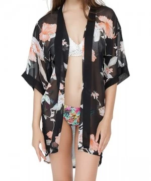 Cover-Ups Women Swimsuit Bathing Suit Beach Cover up Chiffon Floral Kimono Cardigan - D (02) - Black With Orange Flower - C11...