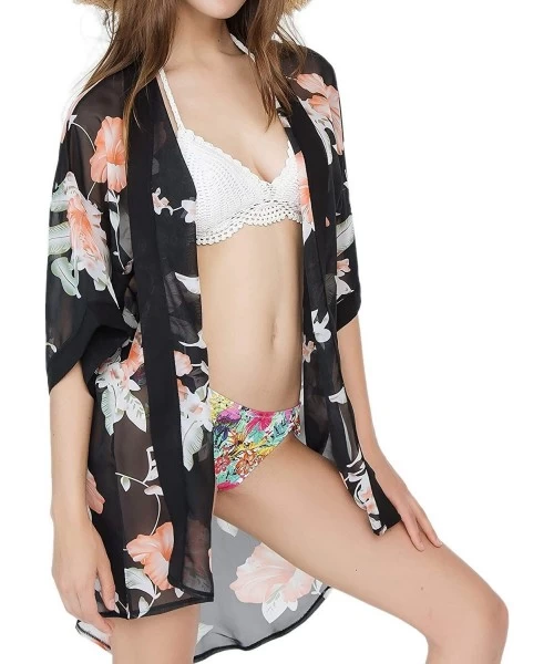 Cover-Ups Women Swimsuit Bathing Suit Beach Cover up Chiffon Floral Kimono Cardigan - D (02) - Black With Orange Flower - C11...