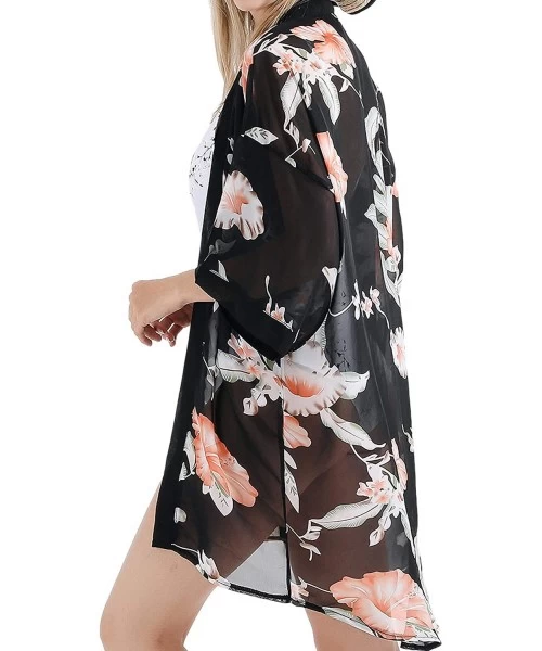 Cover-Ups Women Swimsuit Bathing Suit Beach Cover up Chiffon Floral Kimono Cardigan - D (02) - Black With Orange Flower - C11...