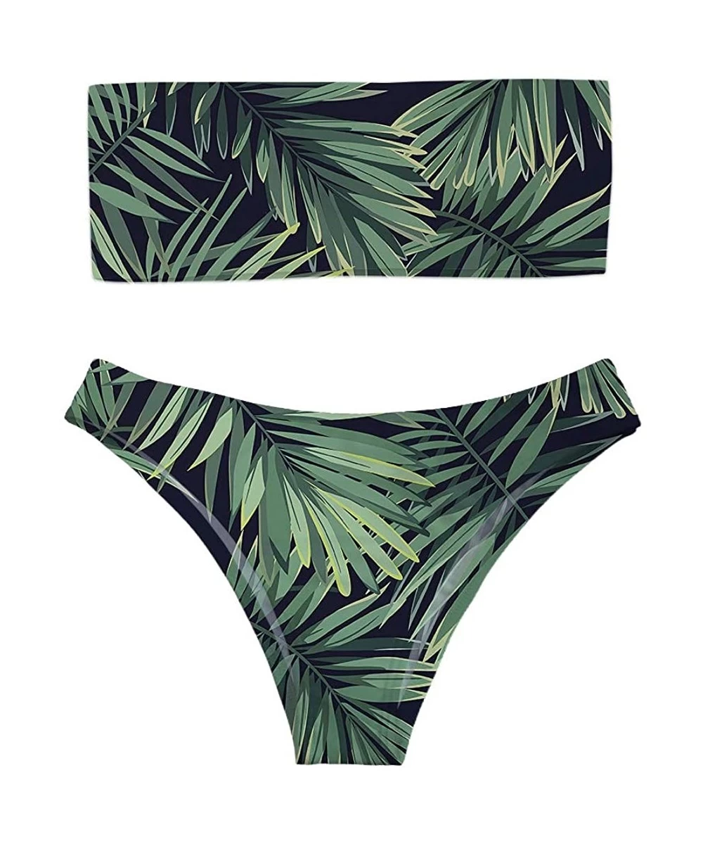 Racing Women's Strapless Vintage 90s Chic Printed Bandeau Bikini Thong Floral 2 Pieces Bathing Suits - Palm Leaf - CX18QWH05EW