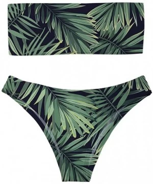 Racing Women's Strapless Vintage 90s Chic Printed Bandeau Bikini Thong Floral 2 Pieces Bathing Suits - Palm Leaf - CX18QWH05EW