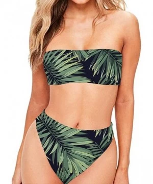 Racing Women's Strapless Vintage 90s Chic Printed Bandeau Bikini Thong Floral 2 Pieces Bathing Suits - Palm Leaf - CX18QWH05EW