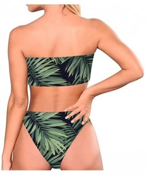 Racing Women's Strapless Vintage 90s Chic Printed Bandeau Bikini Thong Floral 2 Pieces Bathing Suits - Palm Leaf - CX18QWH05EW