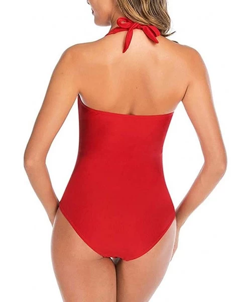 Tankinis Women One Piece Swimsuit Off Shoulder Pleaed Padded Halter Bathing Suit High Cut Monokini Swimwear - Red - CZ196EGZLD6