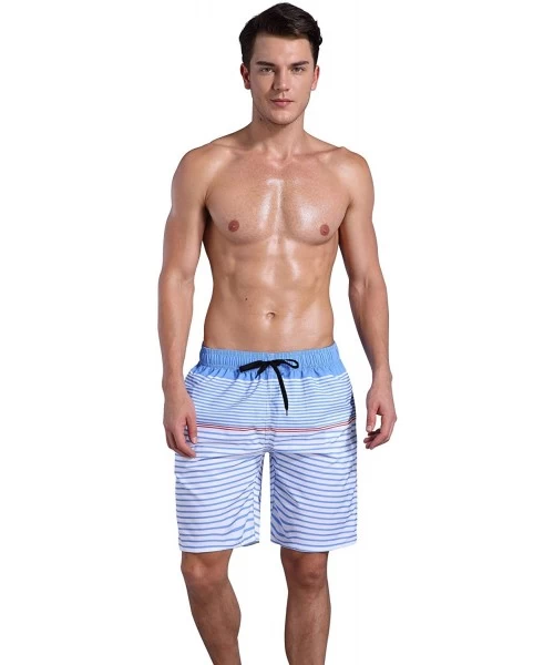 Trunks Men's Quick Dry Swim Trunks Bathing Suit Striped Shorts with Pockets - Blue - CS183QDTNAM