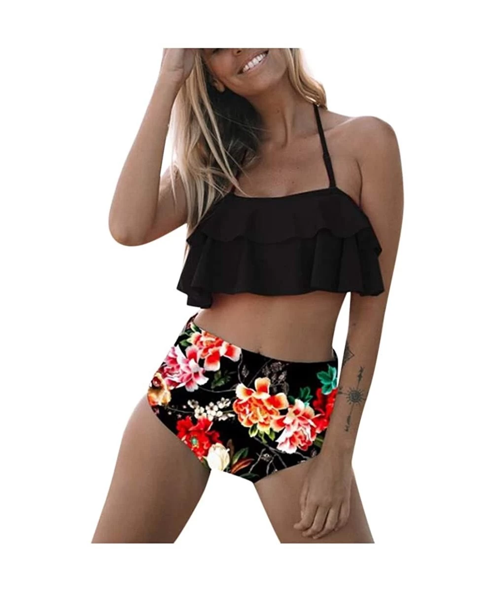 Board Shorts Swimsuit for Women Two Pieces Top Ruffled Backless Racerback with High Waisted Bottom Tankini Set - M-black - CF...