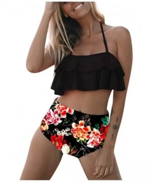 Board Shorts Swimsuit for Women Two Pieces Top Ruffled Backless Racerback with High Waisted Bottom Tankini Set - M-black - CF...