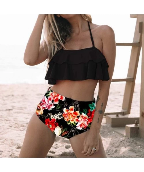 Board Shorts Swimsuit for Women Two Pieces Top Ruffled Backless Racerback with High Waisted Bottom Tankini Set - M-black - CF...