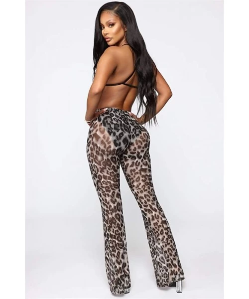 Cover-Ups Women Sexy Leopard Sheer Mesh Perspective Pants Bikini Bottom Cover Up Long Wide Leg See Through Trousers - Grey - ...