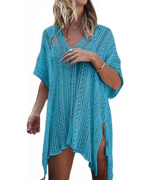 Cover-Ups Bathing Suit Cover Up Bikini Swimsuit Crochet Beachwear Swimwear Dress - Lake Blue - CQ18EAQRYKZ