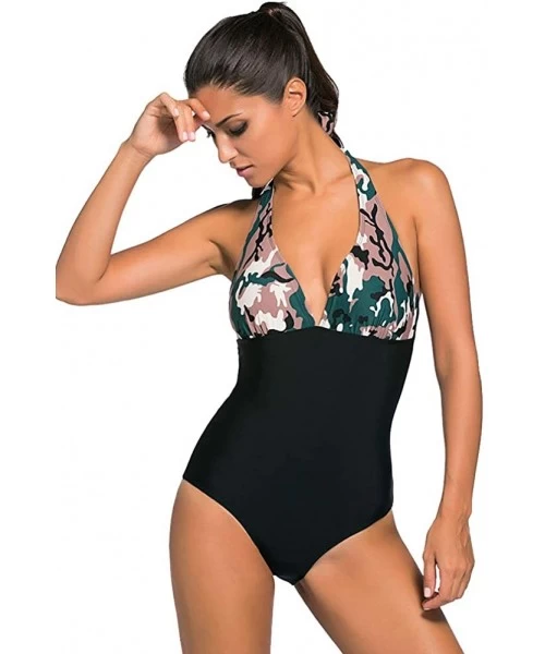 One-Pieces One Piece Swimsuits for Women Sexy V Neck Bathing Suit Swimwear - Camo_green - CR1920QH3CS