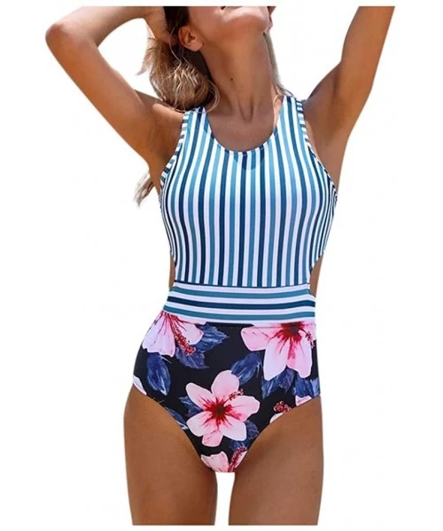 One-Pieces Women Floral Stripe Print Monokini One Piece Swimwear Swimsuit Beachwear Padded Bathing Suit - Black - C4194XT5X85