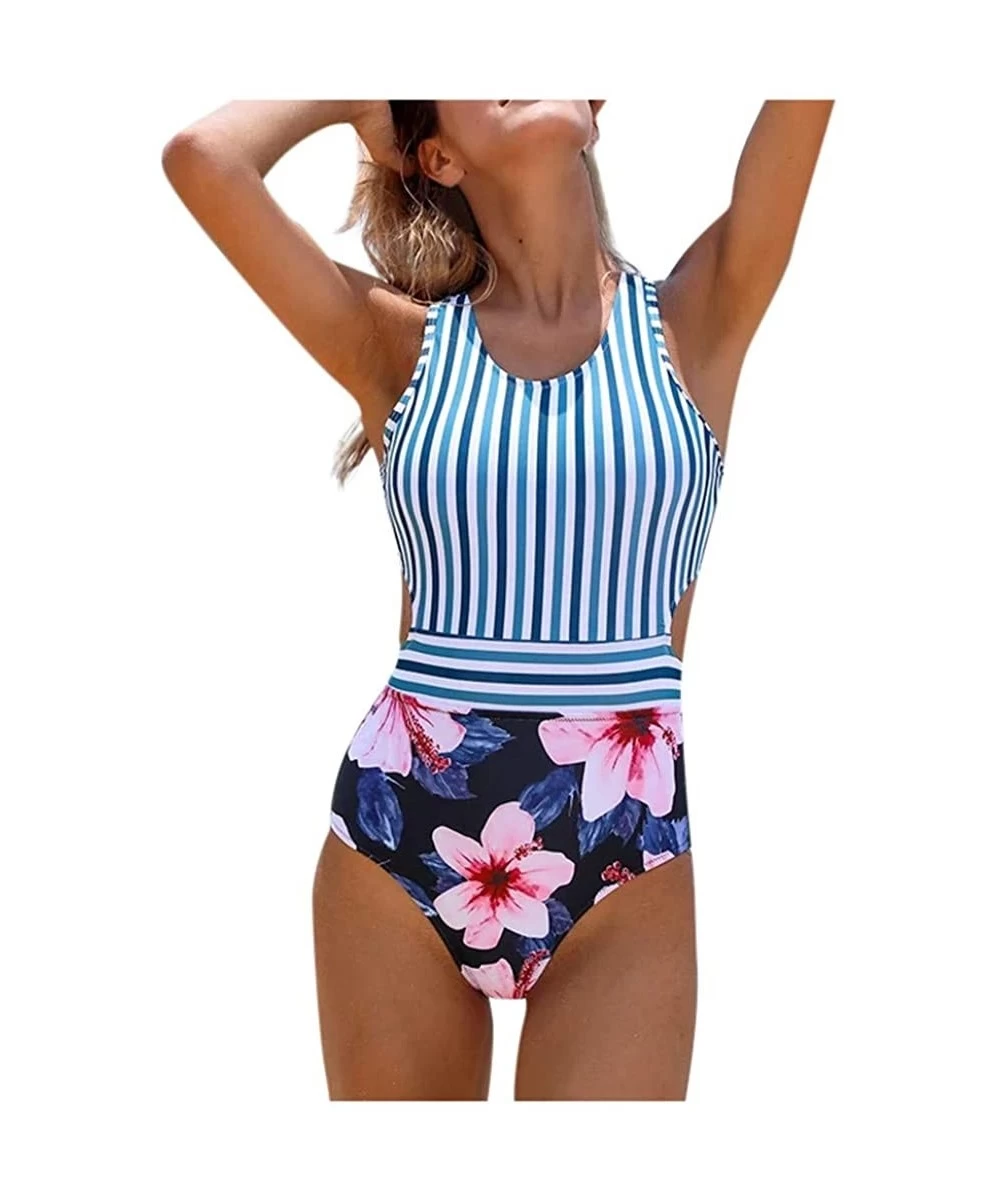 One-Pieces Women Floral Stripe Print Monokini One Piece Swimwear Swimsuit Beachwear Padded Bathing Suit - Black - C4194XT5X85