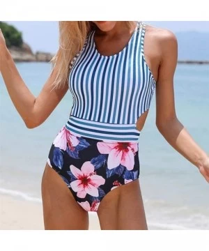 One-Pieces Women Floral Stripe Print Monokini One Piece Swimwear Swimsuit Beachwear Padded Bathing Suit - Black - C4194XT5X85