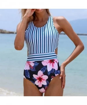 One-Pieces Women Floral Stripe Print Monokini One Piece Swimwear Swimsuit Beachwear Padded Bathing Suit - Black - C4194XT5X85