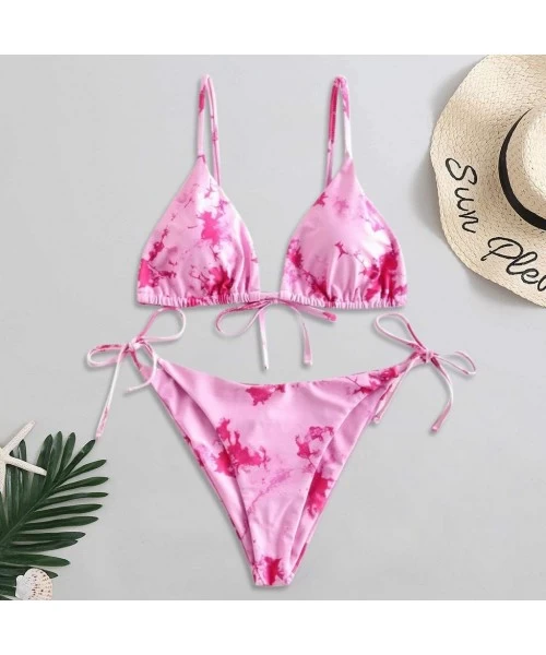 Sets Women's Tie Dye Bikini Sexy Lace Up High Cut Leg Halter Bikini Set Two Piece Swimsuit Swimwear Bathing Suit Z1 pink - CX...