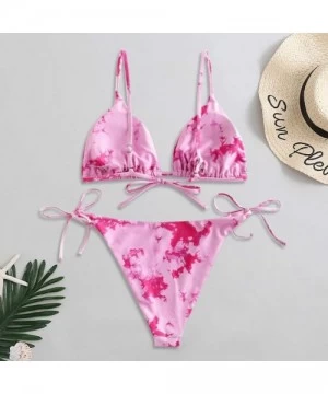 Sets Women's Tie Dye Bikini Sexy Lace Up High Cut Leg Halter Bikini Set Two Piece Swimsuit Swimwear Bathing Suit Z1 pink - CX...