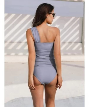 Tankinis Women's One Shoulder Swimsuit Two Piece Ruched Tankini Tummy Control Bikini Set - Grey - CB18LAE6GOD