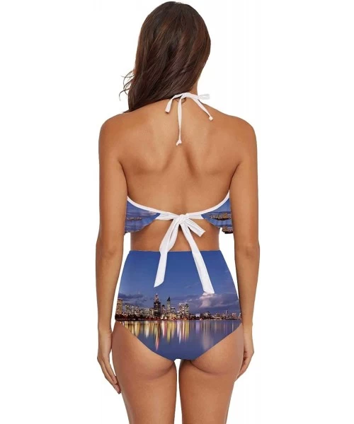 Tankinis Women Ruffle Halter Swimsuit Backless High Waisted Bikini Set Palm Tropic Leaves in Abstract Blue and Gold Color - M...