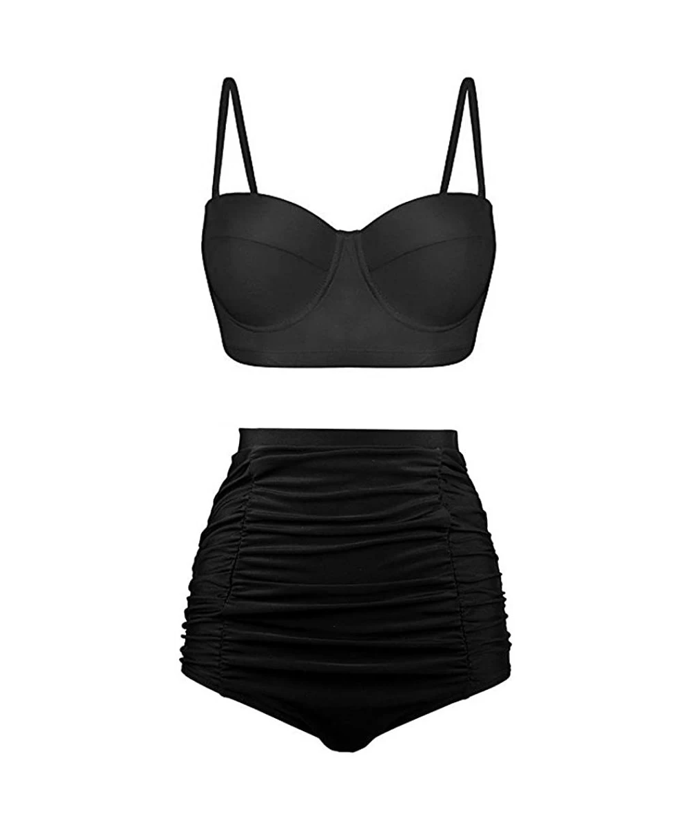 Sets Women's Retro Vintage Underwire High Waisted Push Up Swimsuit Bikini Set - Black - C318NMYGW4Y