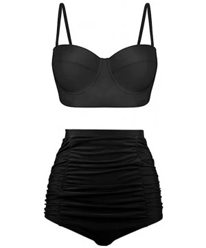 Sets Women's Retro Vintage Underwire High Waisted Push Up Swimsuit Bikini Set - Black - C318NMYGW4Y