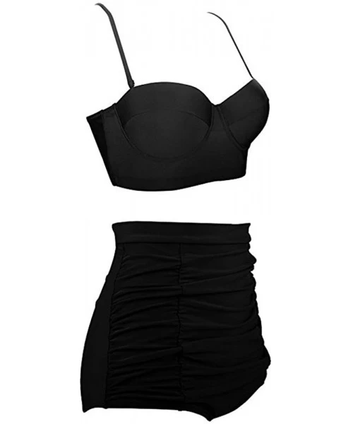 Sets Women's Retro Vintage Underwire High Waisted Push Up Swimsuit Bikini Set - Black - C318NMYGW4Y