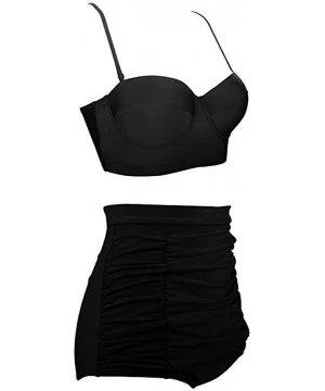 Sets Women's Retro Vintage Underwire High Waisted Push Up Swimsuit Bikini Set - Black - C318NMYGW4Y