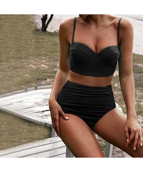 Sets Women's Retro Vintage Underwire High Waisted Push Up Swimsuit Bikini Set - Black - C318NMYGW4Y