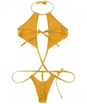 One-Pieces Woman Slingshot Lingerie One-Piece Metallic Wet Look Halter Neck Micro Bikini Swimsuit Monokini - Gold - CQ194UMKU7Z