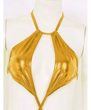 One-Pieces Woman Slingshot Lingerie One-Piece Metallic Wet Look Halter Neck Micro Bikini Swimsuit Monokini - Gold - CQ194UMKU7Z