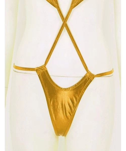 One-Pieces Woman Slingshot Lingerie One-Piece Metallic Wet Look Halter Neck Micro Bikini Swimsuit Monokini - Gold - CQ194UMKU7Z